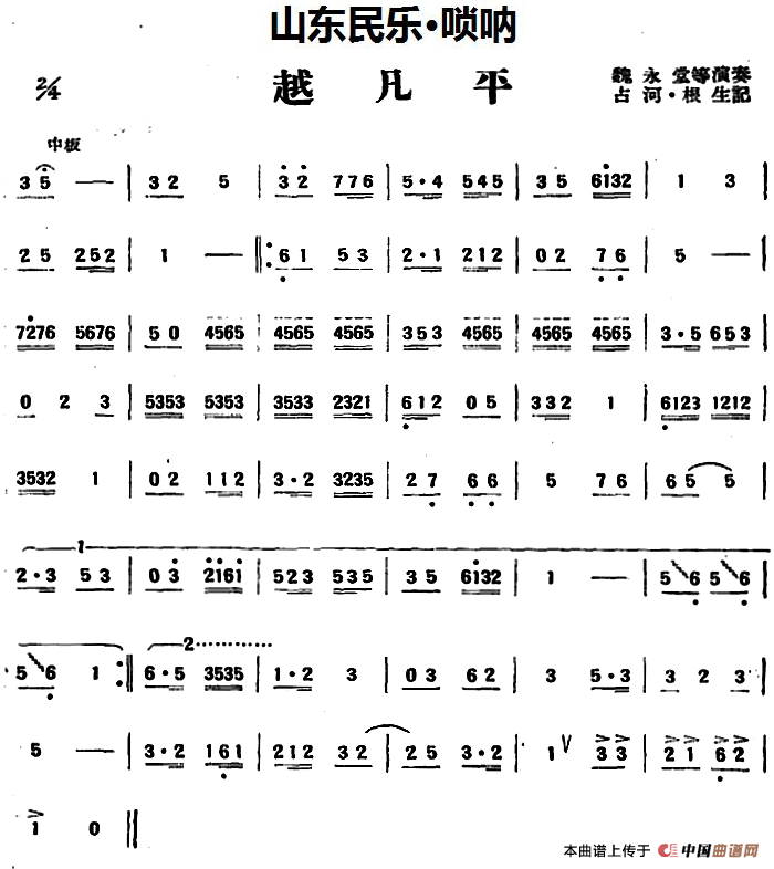 越凡平（山东民乐、唢呐）(1)_原文件名：越凡平（山东民乐、唢呐）魏永堂等演奏 占河·根生记谱.png