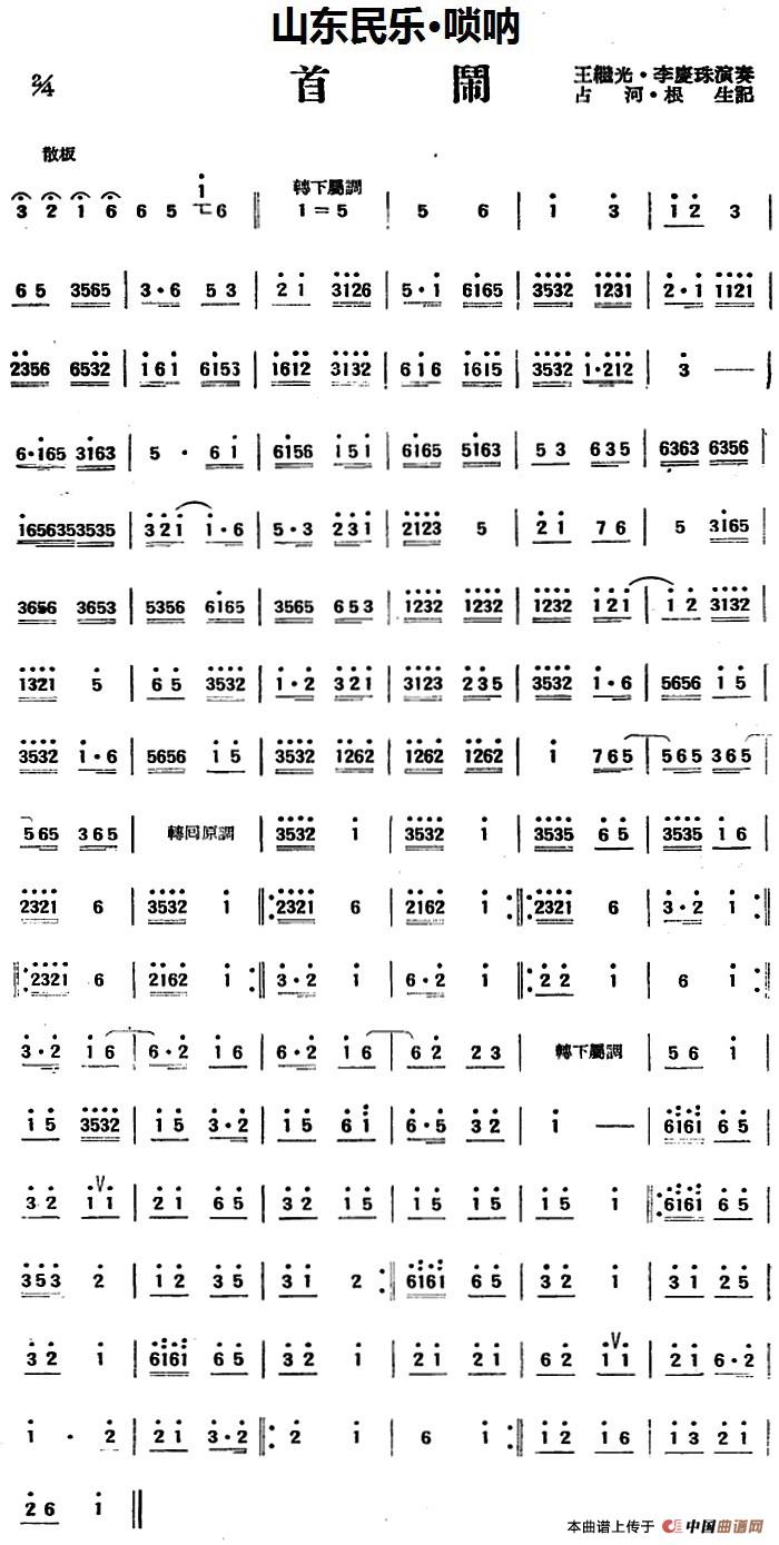 首闹(山东民乐、唢呐)(1)_原文件名:首闹(山东民乐、唢呐)王继光·李庆珠演奏 占河·根生记谱.jpg