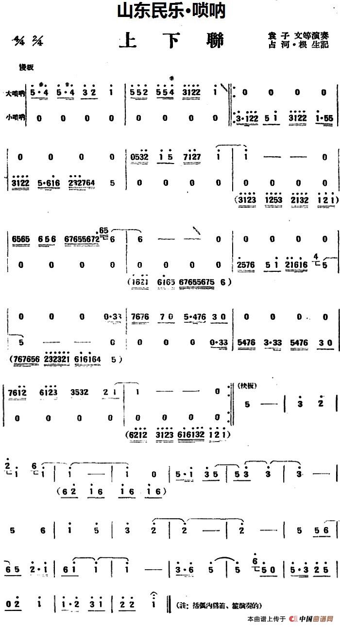 上下联(山东民乐、唢呐)(1)_原文件名:上下联(山东民乐、唢呐)袁子文等演奏 占河·根生记谱.jpg