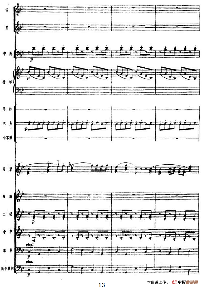 月琴组曲:一、赛马(民族管弦乐总谱)(1)_原文件名:月琴组曲:一、赛马(民族管弦乐总谱)刘锡津曲 冯少先订指法13.png