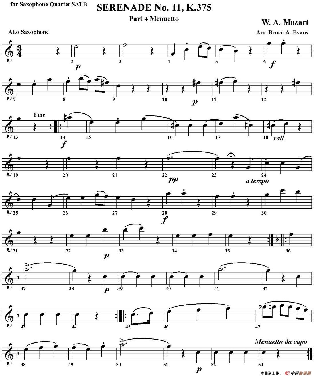SERENADE No.11,K.375 Part 4 Menuetto(四重奏·中音萨克斯分谱)(1)_原文件名:SERENADE No.11,K.375 Part 4 Menuetto_页面_2.jpg