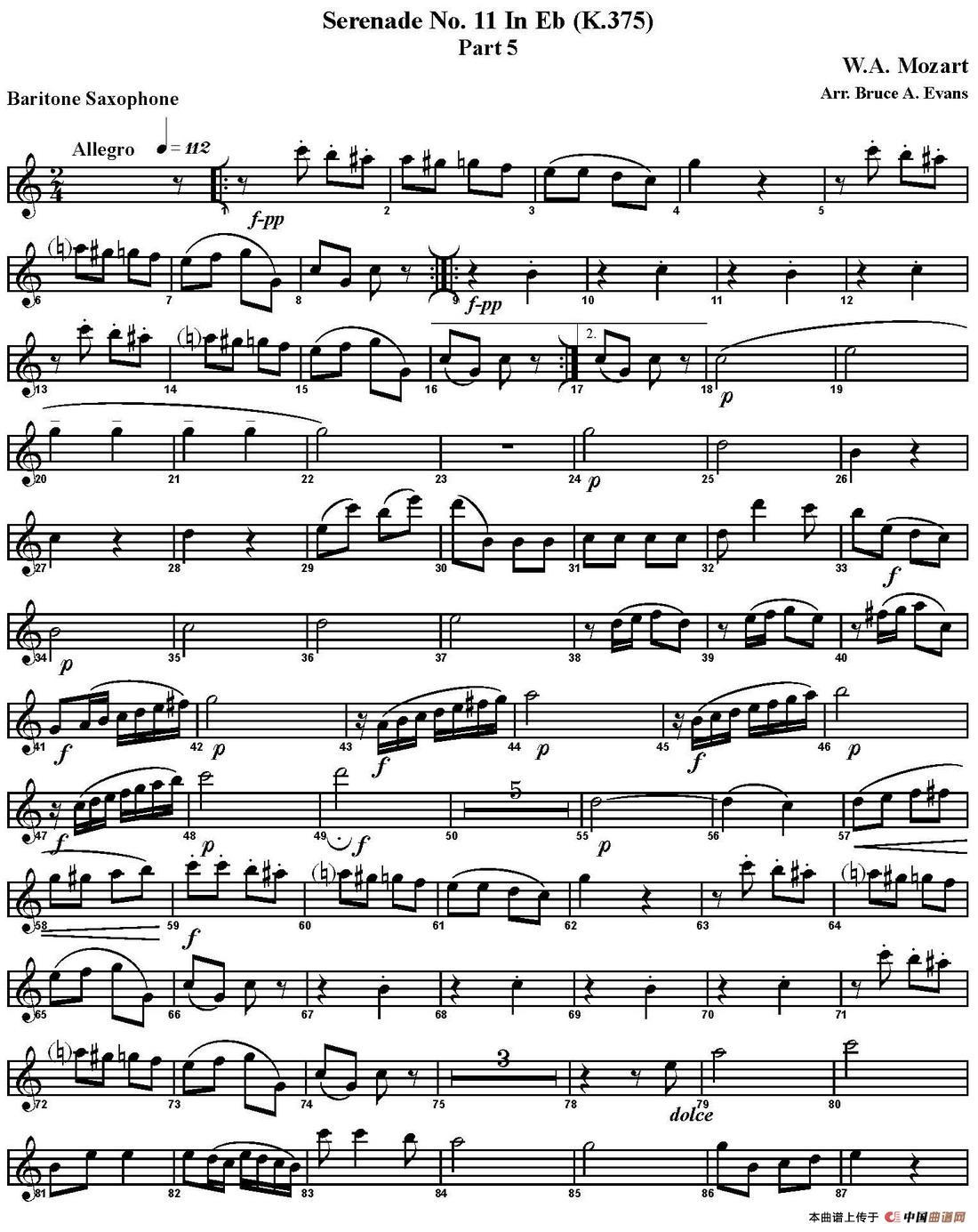 SERENADE No.11 in Eb,K.375 Part 5(四重奏·上低音萨克斯分谱)(1)_原文件名:SERENADE No.11 in Eb,K.375 Part 5_页面_01.jpg