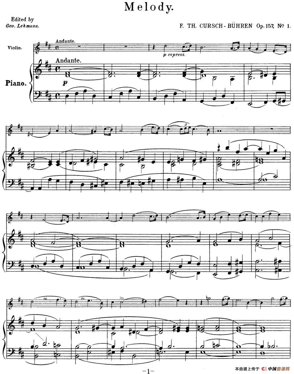 25首小提琴曲合集:Melody.(F. TH. CURSCH-BUHREN Op.157,No.1)(小提琴+钢琴伴奏)(1)_原文件名:LEHMANN, ed. 25 pieces PF improved page turns_页面_53.jpg
