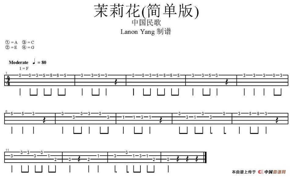 茉莉花(尤克里里指弹谱)(1)_原文件名:茉莉花(尤克里里指弹谱)Lanon Yang制谱.jpg