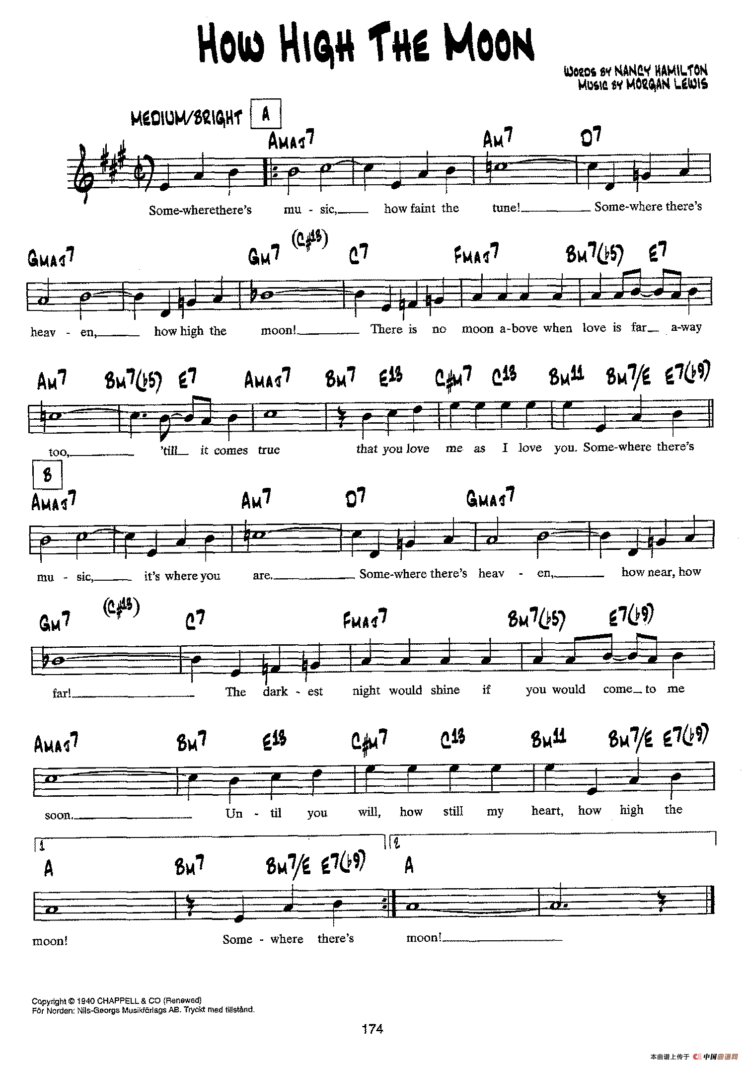 降B爵士乐谱:HOW HIGH THE MOON(1)_原文件名:降B爵士乐谱:HOW HIGH THE MOON.png