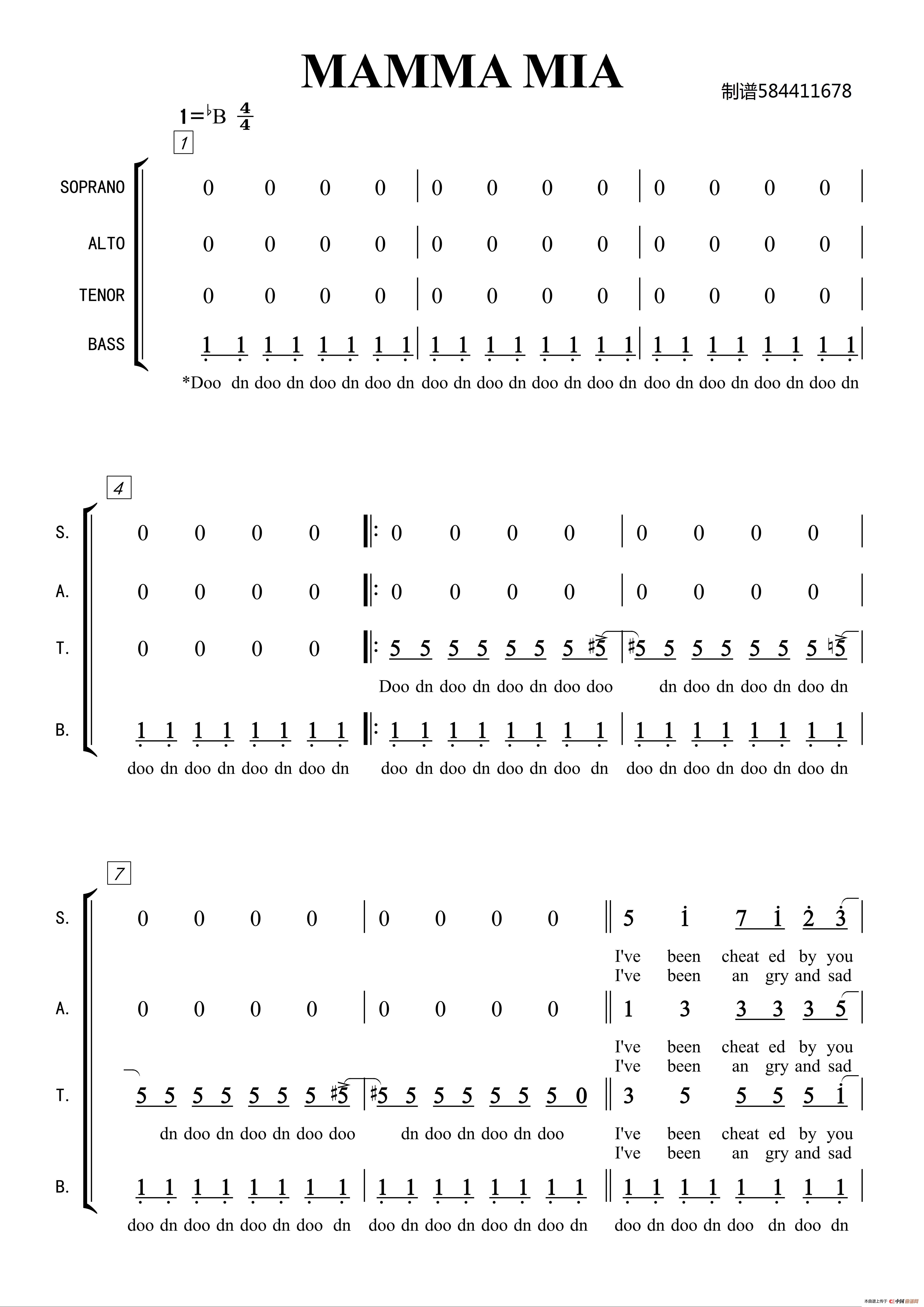 妈妈咪呀合唱简谱(MAMMA MIA)(1)_原文件名:MAMMA MIA【妈妈咪呀 简谱【混声四部合唱【原调-降B】 (1).jpg