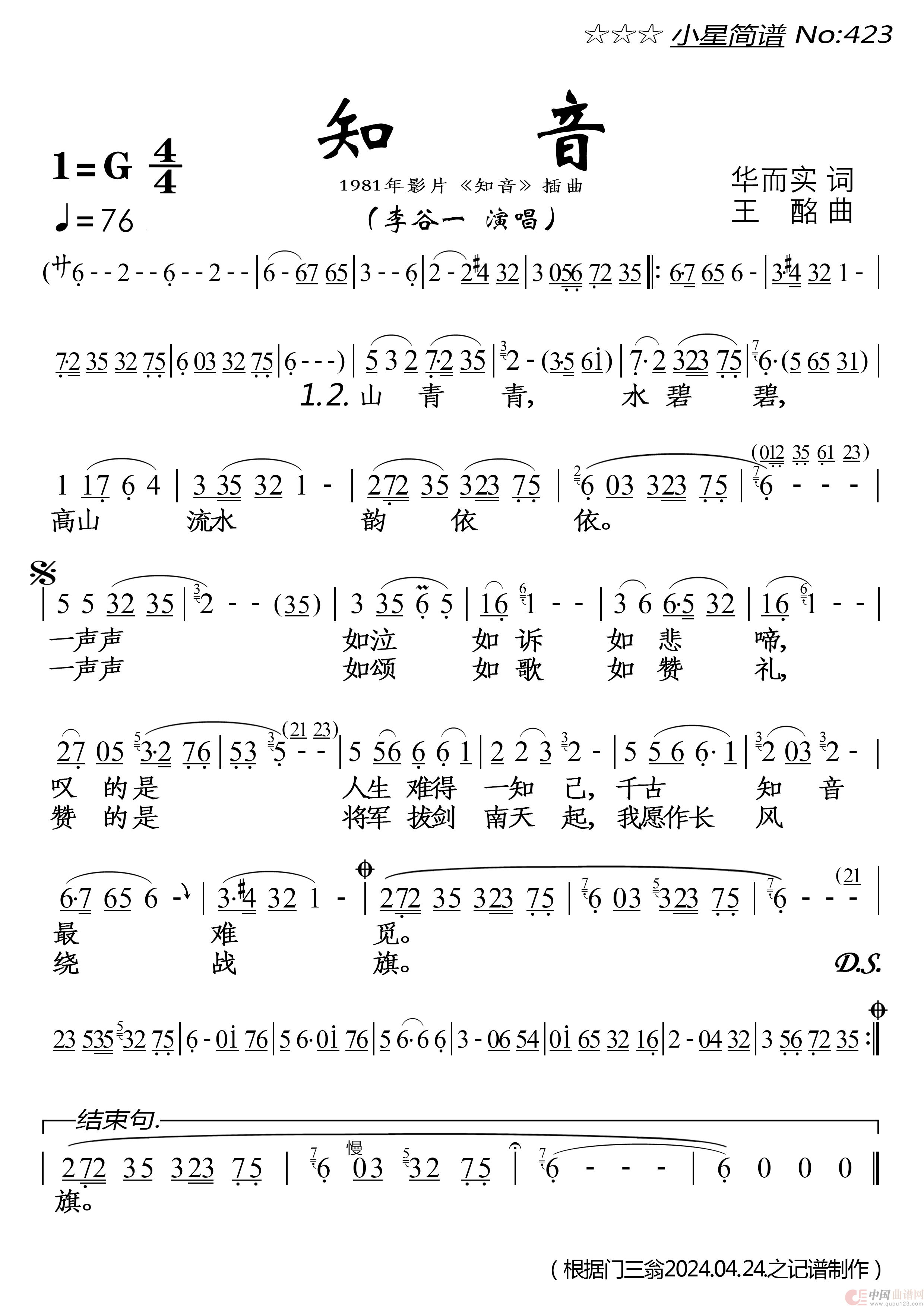 知音(1)_原文件名：小星简谱423★《知音》★ 李谷一 20240429-270-185 20241010校.png